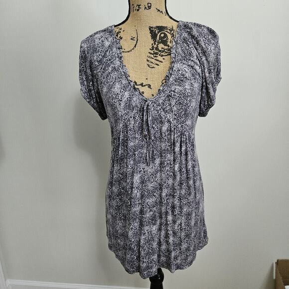 Kristin Davis Gray Print Dress Mini Short Sleeve Sweetheart Stretch Women Sz M - Picture 1 of 11